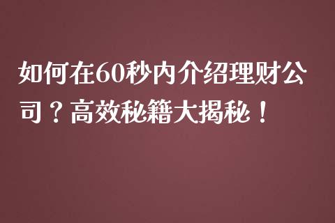 如何在60秒内介绍理财公司？高效秘籍大揭秘！_https://cj002.lansai.wang_保险问答_第1张